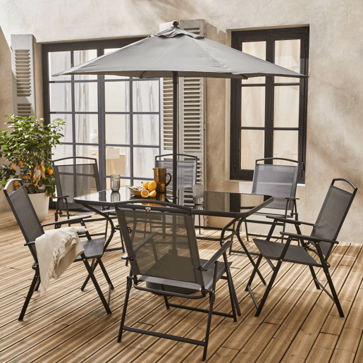 Mesa de jardim em aço, 6 poltronas e 1 guarda-sol, Sonia, Cinza, 140x80x71.5 cm