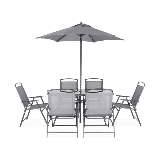 Mesa de jardim em aço, 6 poltronas e 1 guarda-sol, Sonia, Cinza, 140x80x71.5 cm