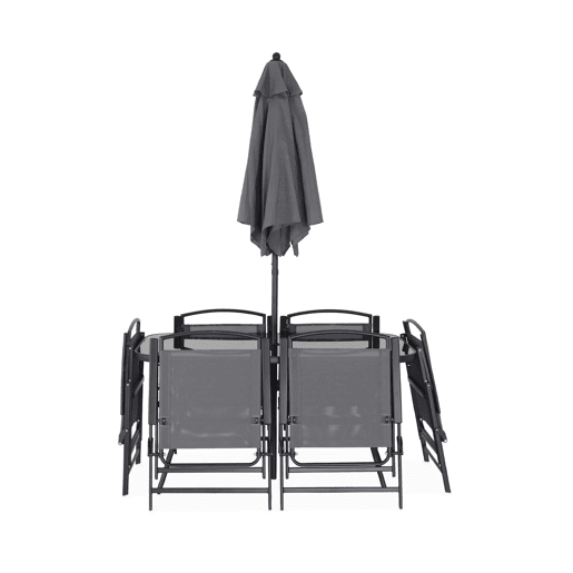 Mesa de jardim em aço, 6 poltronas e 1 guarda-sol, Sonia, Cinza, 140x80x71.5 cm