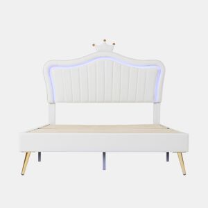 Cama de criança 140x200cm em pele sintética com LED + cabeceira regulável + estrado - Branco
