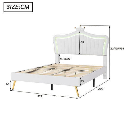 Cama de criança 140x200cm em pele sintética com LED + cabeceira regulável + estrado - Branco