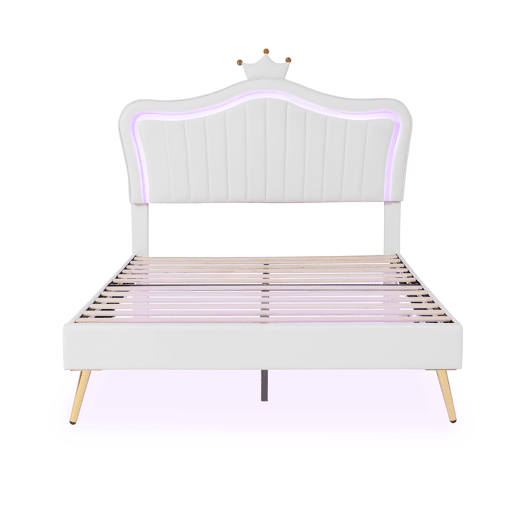Cama de criança 140x200cm em pele sintética com LED + cabeceira regulável + estrado - Branco