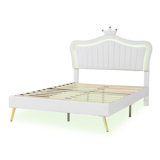 Cama de criança 140x200cm em pele sintética com LED + cabeceira regulável + estrado - Branco
