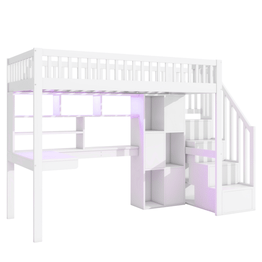 Cama alta 90x200 cm - Com luzes LED, prateleiras, secretária, sem colchão - Branco