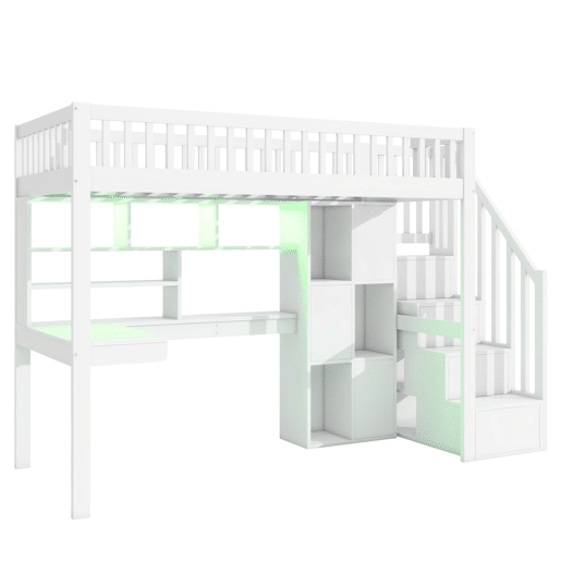 Cama alta 90x200 cm - Com luzes LED, prateleiras, secretária, sem colchão - Branco