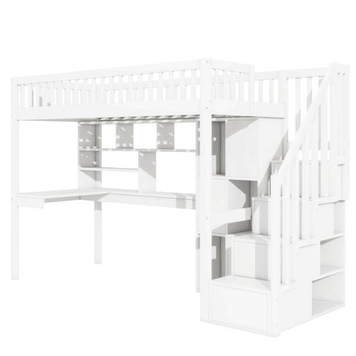 Cama alta 90x200 cm - Com luzes LED, prateleiras, secretária, sem colchão - Branco