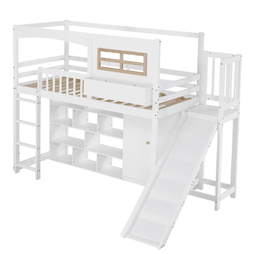 Cama alta em madeira e MDF - 90x200 cm - com prateleiras, roupeiro e escorrega - Branco