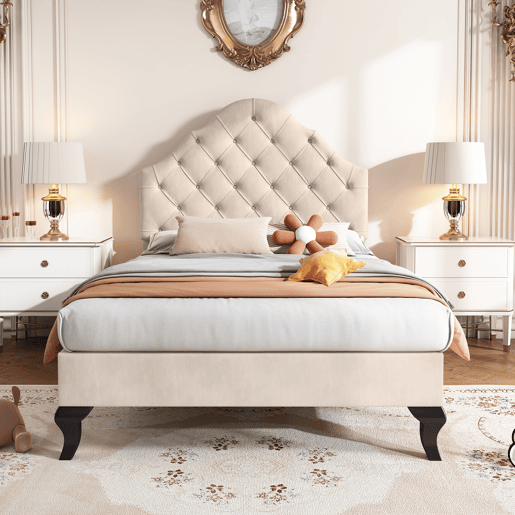 Cama estofada 90x200cm em veludo com cabeceira regulável + estrado de molas - Bege