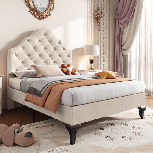 Cama estofada 90x200cm em veludo com cabeceira regulável + estrado de molas - Bege