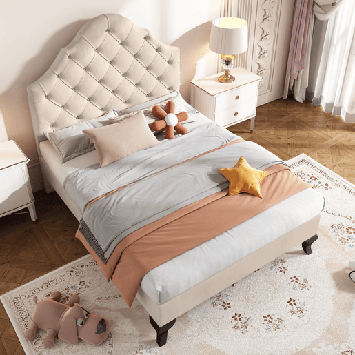 Cama estofada 90x200cm em veludo com cabeceira regulável + estrado de molas - Bege
