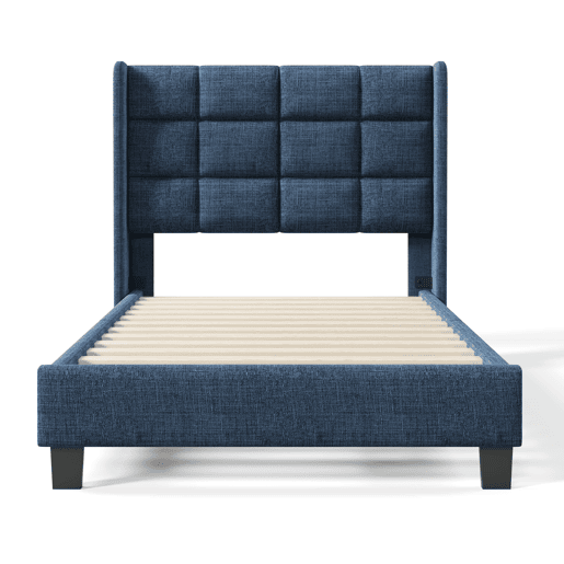 Cama estofada em tecido de linho - 90x200 cm - com cabeceira e estrado de molas - Azul