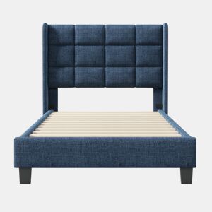 Cama estofada em tecido de linho - 90x200 cm - com cabeceira e estrado de molas - Azul
