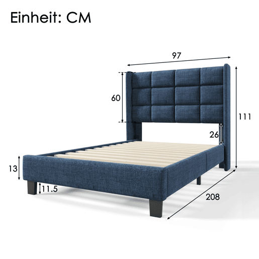 Cama estofada em tecido de linho - 90x200 cm - com cabeceira e estrado de molas - Azul