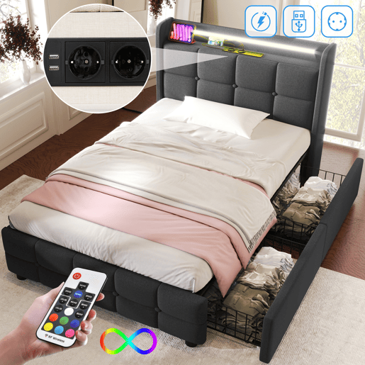 Cama estofada 90x200cm em linho - com LED e portas de carregamento USB - 2 gavetas - Cinzento