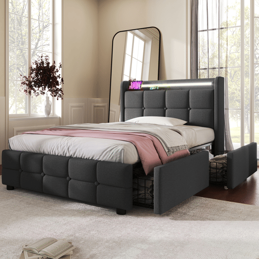 Cama estofada 90x200cm em linho - com LED e portas de carregamento USB - 2 gavetas - Cinzento