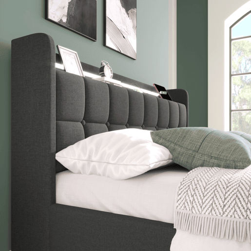 Cama estofada 90x200cm em linho - com LED e portas de carregamento USB - 2 gavetas - Cinzento