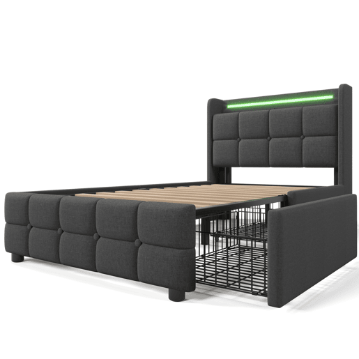 Cama estofada 90x200cm em linho - com LED e portas de carregamento USB - 2 gavetas - Cinzento