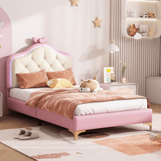 Cama de criança acolchoada com LEDs coloridos e laço na cabeceira - 90x200cm - com estrado de molas - Rosa