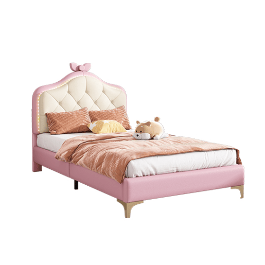 Cama de criança acolchoada com LEDs coloridos e laço na cabeceira - 90x200cm - com estrado de molas - Rosa