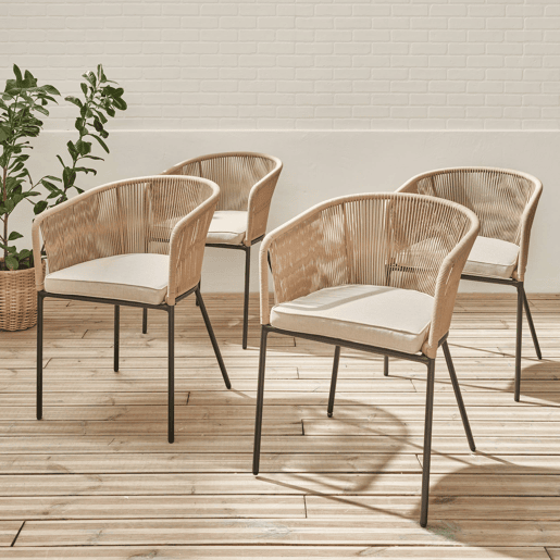 Cadeirão de jardim em corda e aço galvanizado, set de 4, Santos, Beige, 56.5x59x79 cm
