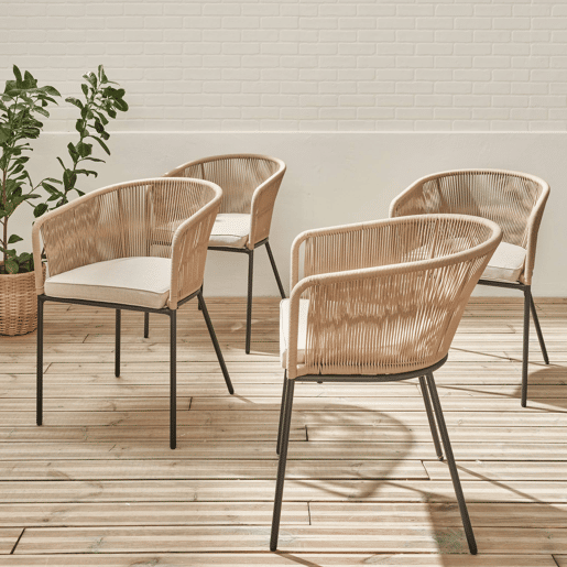 Cadeirão de jardim em corda e aço galvanizado, set de 4, Santos, Beige, 56.5x59x79 cm