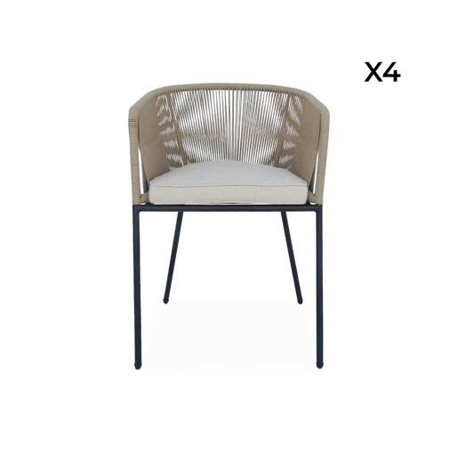 Cadeirão de jardim em corda e aço galvanizado, set de 4, Santos, Beige, 56.5x59x79 cm
