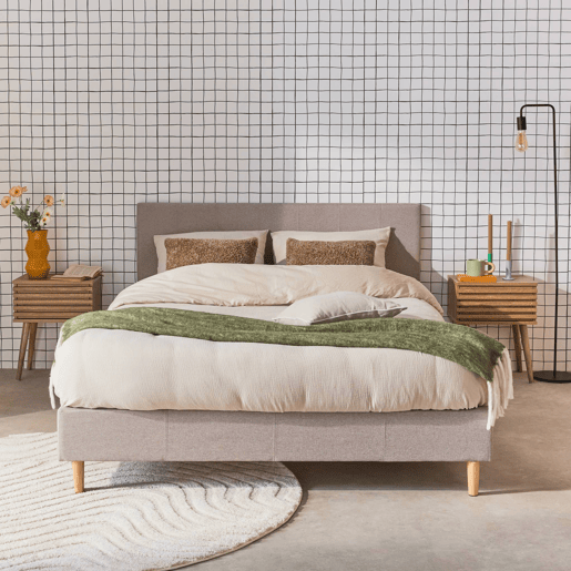 Cama com base de ripas e cabeceira 140cm, acabamento em tecido simple, Marlon, Cinza Claro, 202x148x89 cm