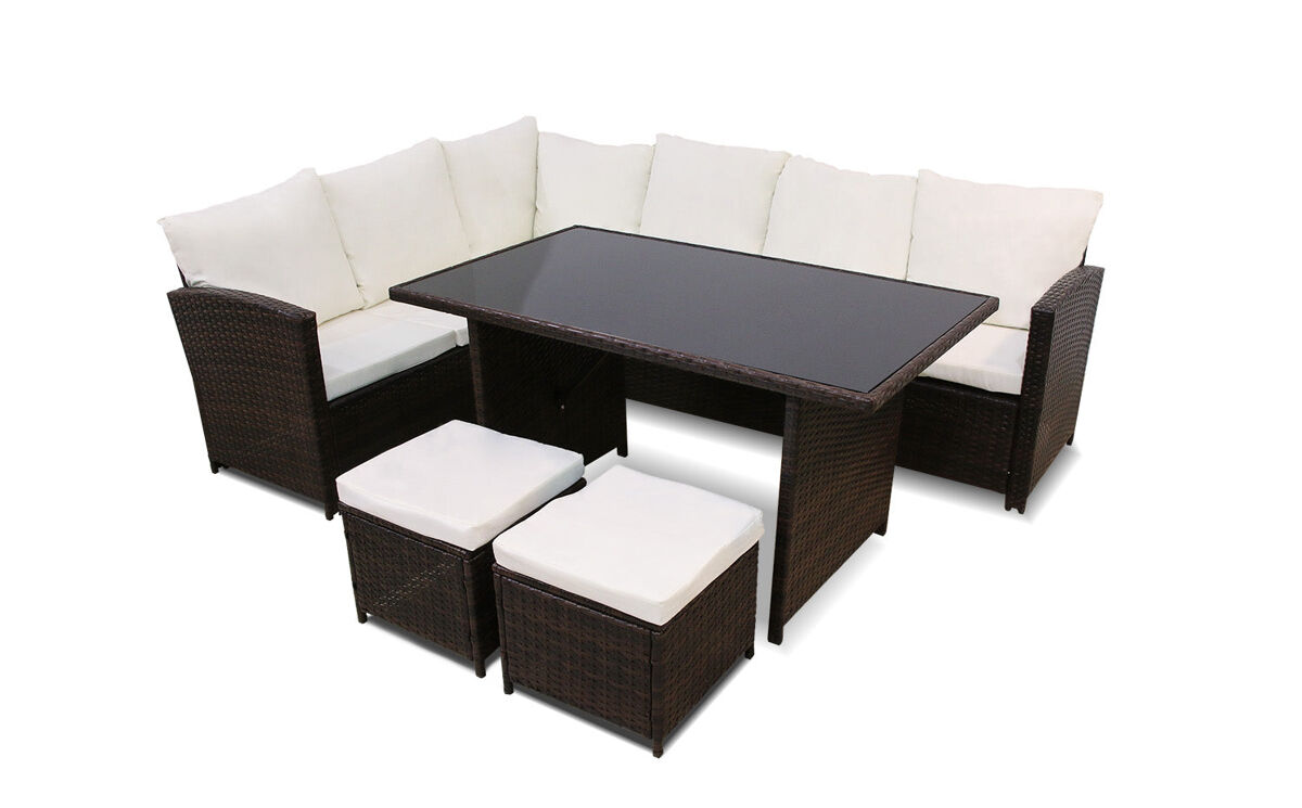 Sofa rinconera + mesa + 2 puffs de ratan pe. muebles de jardin y terraza