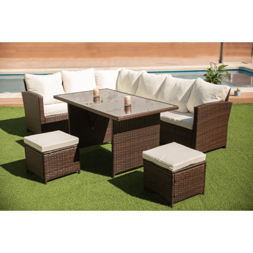 Sofá de Canto + Mesa + 2 puffs PE Ratan. Móveis de jardim e terraço