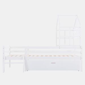 Cama de cabina 90x200cm - madeira maciça - com escada + gavetas + proteção anti-queda - Branco