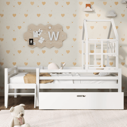 Cama de cabina 90x200cm - madeira maciça - com escada + gavetas + proteção anti-queda - Branco