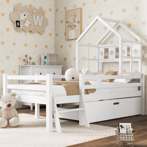 Cama de cabina 90x200cm - madeira maciça - com escada + gavetas + proteção anti-queda - Branco