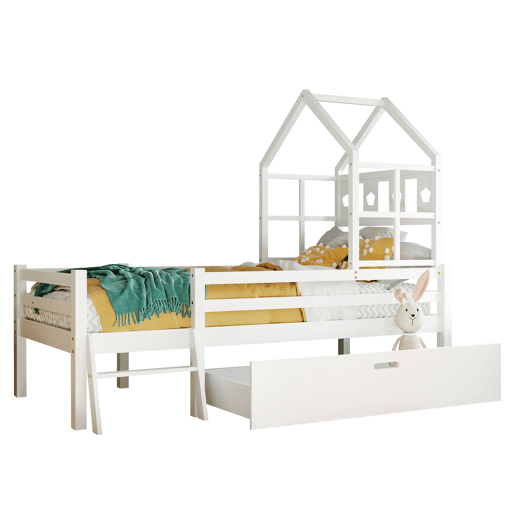 Cama de cabina 90x200cm - madeira maciça - com escada + gavetas + proteção anti-queda - Branco