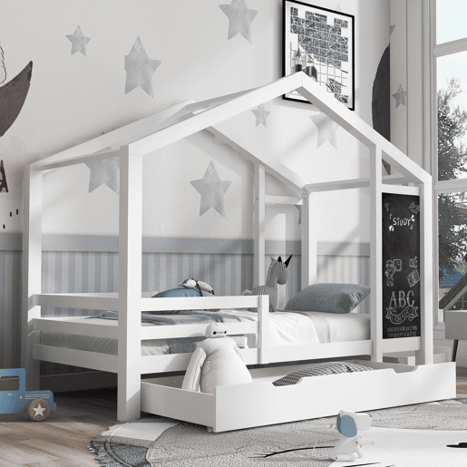 Cabine-cama 90x200 cm - madeira maciça - com ardósia e 2 gavetas - Branco