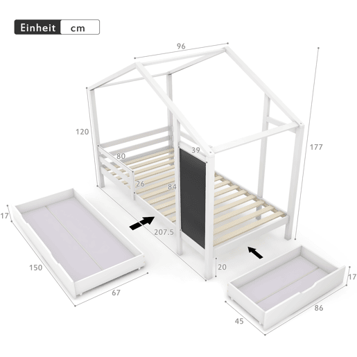 Cabine-cama 90x200 cm - madeira maciça - com ardósia e 2 gavetas - Branco