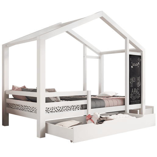 Cabine-cama 90x200 cm - madeira maciça - com ardósia e 2 gavetas - Branco