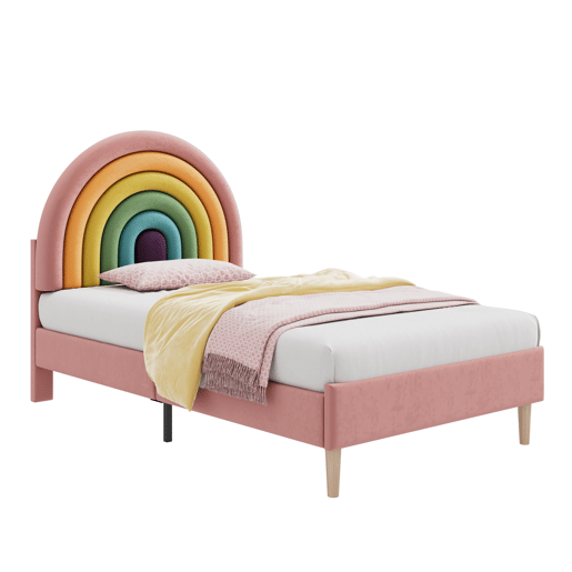Cama de veludo para criança - 90x200 cm - com cabeceira colorida ajustável - Rosa