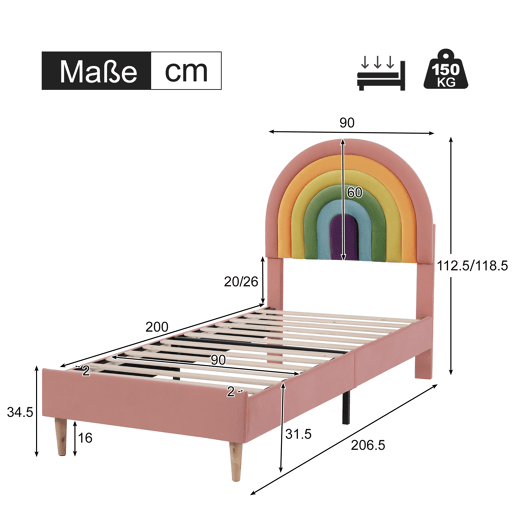 Cama de veludo para criança - 90x200 cm - com cabeceira colorida ajustável - Rosa