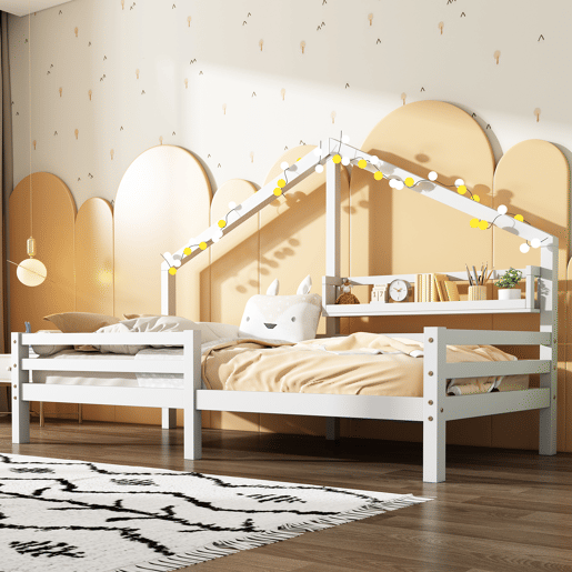 Cabine-cama 90x200cm em madeira maciça - com prateleiras - Branco