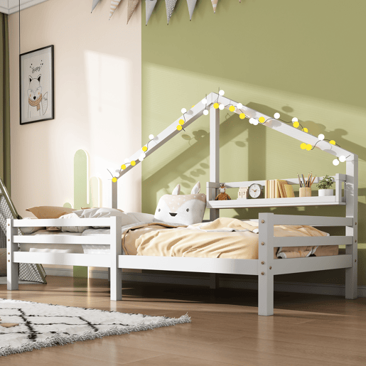 Cabine-cama 90x200cm em madeira maciça - com prateleiras - Branco