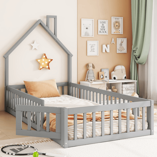 Cama de criança 90x200cm madeira maciça - com estrado de molas - Cinzento