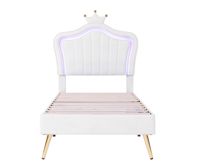 Cama infantil 90x200cm en símil piel con led + cabecero regulable + somier - blanco