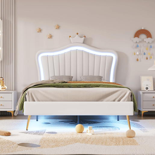 Cama de criança 90x200cm em pele sintética com LED + cabeceira regulável + estrado - Branco