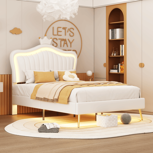 Cama de criança 90x200cm em pele sintética com LED + cabeceira regulável + estrado - Branco