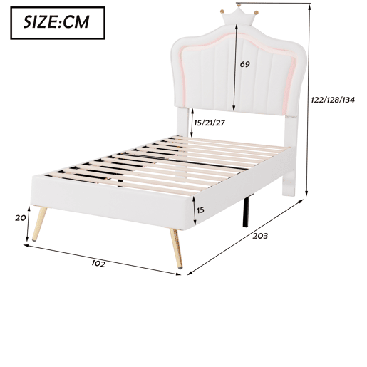 Cama de criança 90x200cm em pele sintética com LED + cabeceira regulável + estrado - Branco