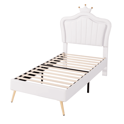 Cama de criança 90x200cm em pele sintética com LED + cabeceira regulável + estrado - Branco