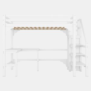 Cama alta de madeira 140x200 cm - com secretária, roupeiro e estrado - Branco