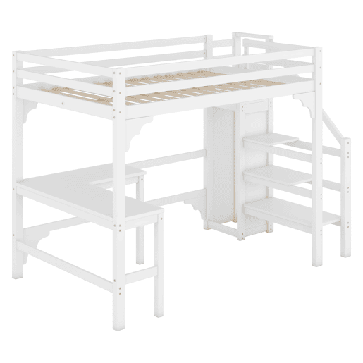 Cama alta de madeira 140x200 cm - com secretária, roupeiro e estrado - Branco