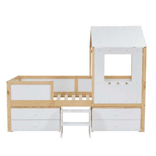 Cama de cabina 90x200 cm com barreira de segurança - com 4 gavetas e escada - em madeira de pinho e MDF - Branco e Natural