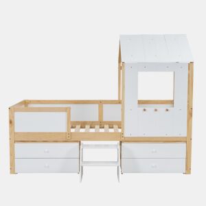 Cama de cabina 90x200 cm com barreira de segurança - com 4 gavetas e escada - em madeira de pinho e MDF - Branco e Natural
